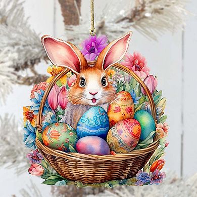 Bunny In A Basket Wooden Ornament By G. Debrekht