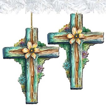 Teal Easter Cross Wooden Ornaments Set Of 2 By G. Debrekht