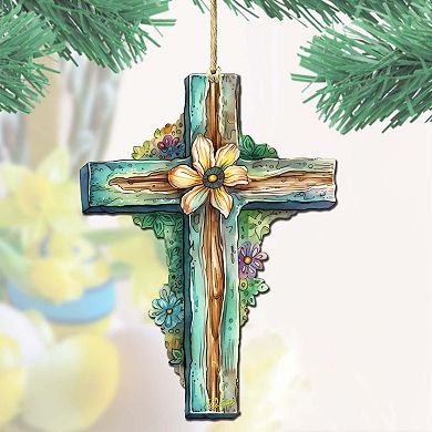 Teal Easter Cross Wooden Ornaments Set Of 2 By G. Debrekht