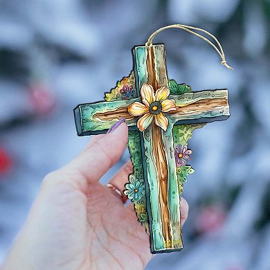 Teal Easter Cross Wooden Ornaments Set Of 2 By G. Debrekht