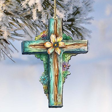 Teal Easter Cross Wooden Ornaments Set Of 2 By G. Debrekht