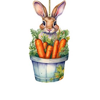 Bunny With Basket Of Carrots Wooden Ornament By G. Debrekht