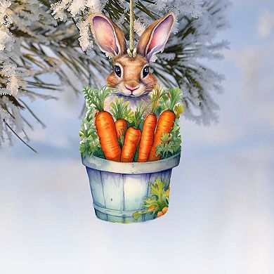 Bunny With Basket Of Carrots Wooden Ornament By G. Debrekht