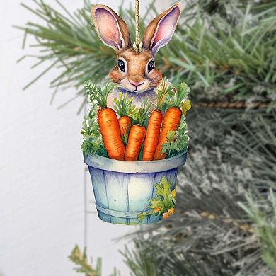Bunny With Basket Of Carrots Wooden Ornament By G. Debrekht