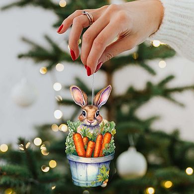 Bunny With Basket Of Carrots Wooden Ornament By G. Debrekht