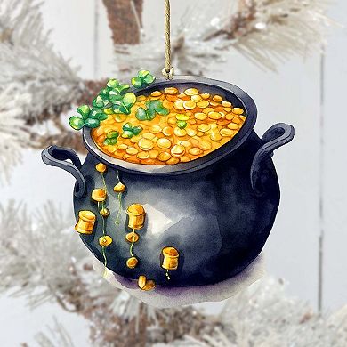 Irish Pot Of Gold Wooden Ornaments Set Of 2 By G. Debrekht