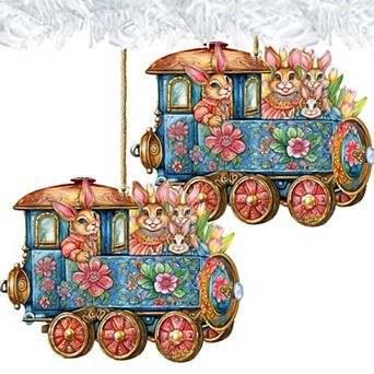 Easter Bunny Train Wooden Ornaments Set Of 2 By G. Debrekht
