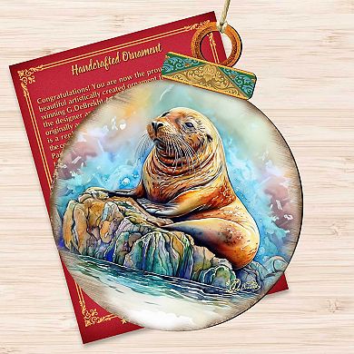 Sea Lion Wooden Ornaments Set Of 2 By G.debrekht