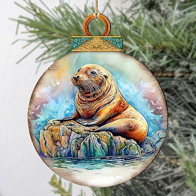 Sea Lion Wooden Ornaments Set Of 2 By G.debrekht