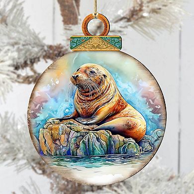 Sea Lion Wooden Ornaments Set Of 2 By G.debrekht