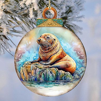 Sea Lion Wooden Ornaments Set Of 2 By G.debrekht