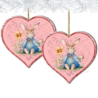 Easter Bunny Heart Wooden Ornaments Set Of 2 By G. Debrekht