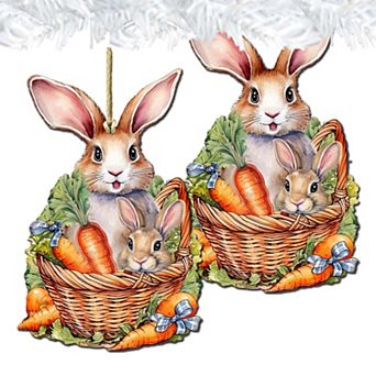 Easter Bunnies With Carrots Wooden Ornaments Set Of 2 By G. Debrekht