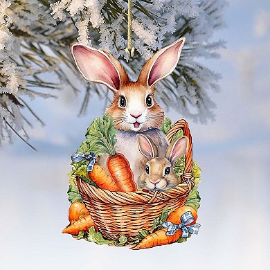 Easter Bunnies With Carrots Wooden Ornaments Set Of 2 By G. Debrekht