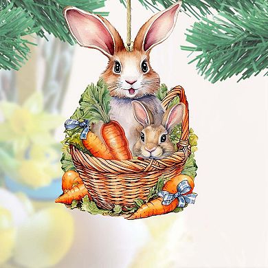 Easter Bunnies With Carrots Wooden Ornaments Set Of 2 By G. Debrekht