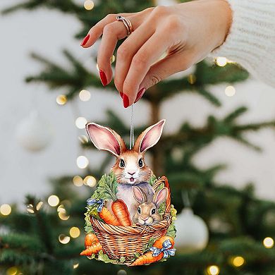 Easter Bunnies With Carrots Wooden Ornaments Set Of 2 By G. Debrekht