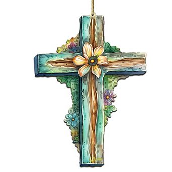 Teal Easter Cross Wooden Ornaments By G. Debrekht
