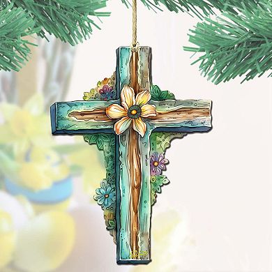 Teal Easter Cross Wooden Ornaments By G. Debrekht