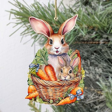 Easter Bunnies With Carrots Wooden Ornament By G. Debrekht