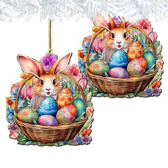 Bunny In A Basket Wooden Ornaments Set Of 2 By G. Debrekht