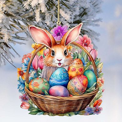 Bunny In A Basket Wooden Ornaments Set Of 2 By G. Debrekht