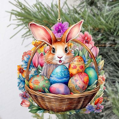Bunny In A Basket Wooden Ornaments Set Of 2 By G. Debrekht