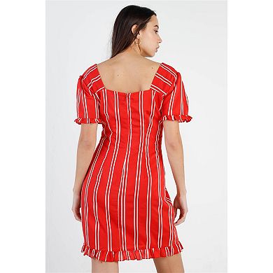 Red Stripe Lace Up Front Detail Ruffle Trim Balloon Sleeve Dress