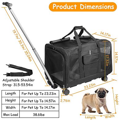 Black, Pet Rolling Carrier - Double-compartment Cat Dog Rolling Carrier