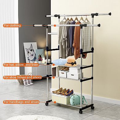 Silver, Extendable Garment Hanging Rack Clothing Rail With Rolling Wheels, Holds Up To 77lbs