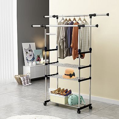 Silver, Extendable Garment Hanging Rack Clothing Rail With Rolling Wheels, Holds Up To 77lbs