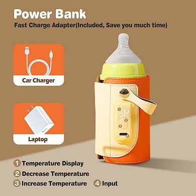 Orange, Portable Baby Milk Warmer With 5 Temperature Adjustable Settings, Fast Charge Adapter