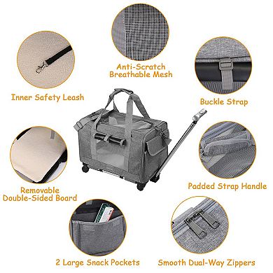 Grey, Airline Approved Rolling Pet Carrier With Wheels For Cats And Dogs