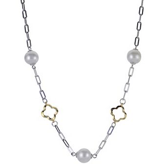 PearLustre by Imperial Two Tone Sterling Silver Freshwater Cultured Pearl Clover Station Necklace