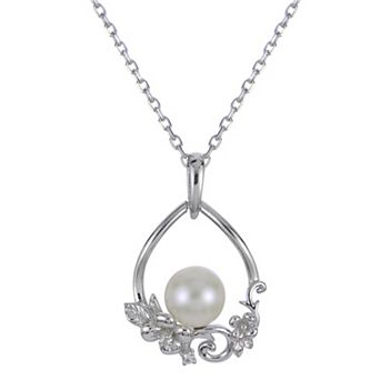 PearLustre by Imperial Sterling Silver Freshwater Cultured Pearl & Lab-Created White Sapphire Flower Pendant