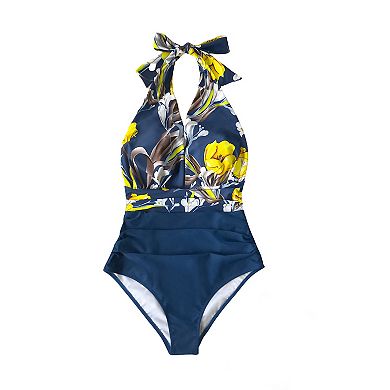 Women's Cupshe Ruched Halter Tummy Control One-Piece Swimsuit