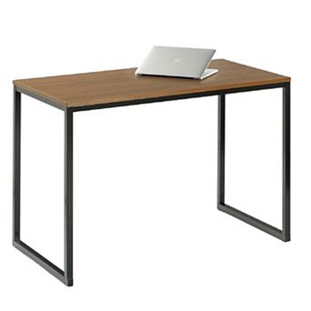 Modern Home Office Desk With Metal Frame And Brown Wood Top