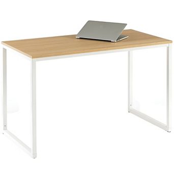 Modern Home Office Desk With Metal Frame And Brown Wood Top