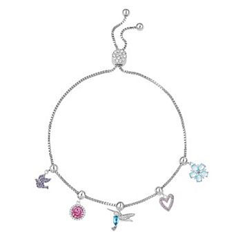 Brilliance Fine Silver Plated Cubic Zirconia & Crystal Dove & Hummingbird Charm Adjustable Bracelet