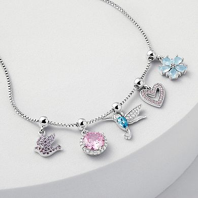Brilliance Fine Silver Plated Cubic Zirconia & Crystal Dove & Hummingbird Charm Adjustable Bracelet