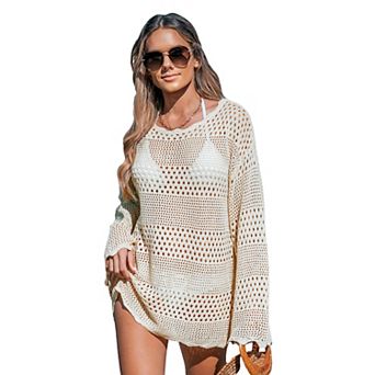 Women's Cupshe Knit Crocheted Long Sleeve Swim Cover Up Dress