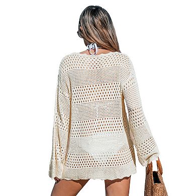 Women's Cupshe Knit Crocheted Long Sleeve Swim Cover Up Dress
