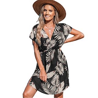 Women's Cupshe Tropical Print Sheer Plunge Swim Cover-Up Dress
