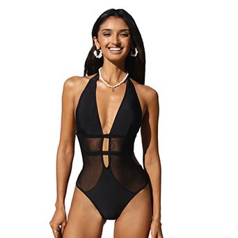 Women's Cupshe Mesh Detailed Plunging Halter Neck One-Piece Swimsuit