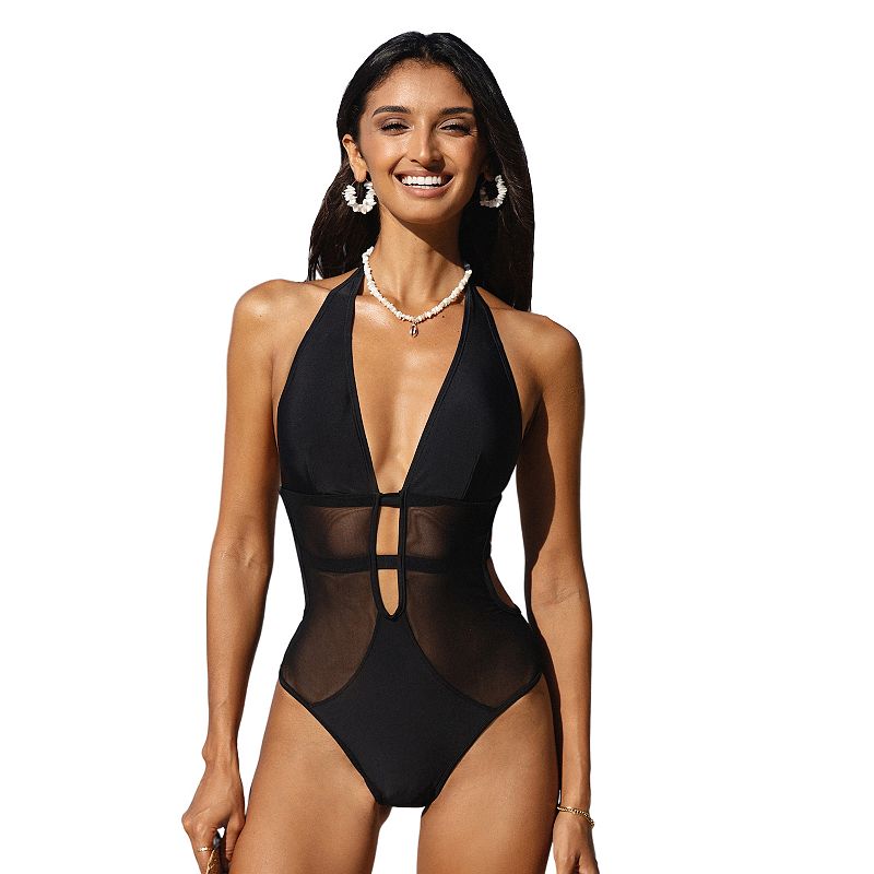 Women's Cupshe Mesh Detailed Plunging Halter Neck One-Piece Swimsuit, Size: XL, Black
