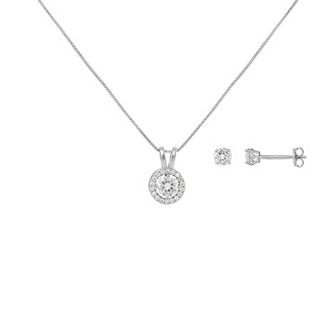 PRIMROSE Sterling Silver Cubic Zirconia Stud Earrings & Round Pendant Necklace Set