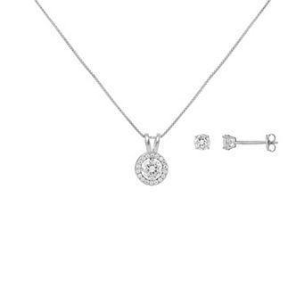 PRIMROSE Sterling Silver Cubic Zirconia Stud Earrings & Round Pendant Necklace Set