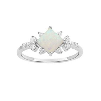 PRIMROSE Sterling Silver Opal & Cubic Zirconia Square Center Stone Ring