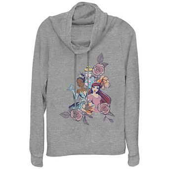 Disney Princesses Cinderella, Tiana & Ariel Floral Motif Women's Cowlneck Graphic Lightweight Long Sleeve