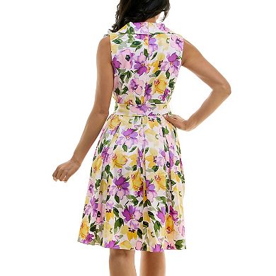 Women's Nina Leonard Floral Print Tie Waist Collared Sleeveless Fit & Flare Dress