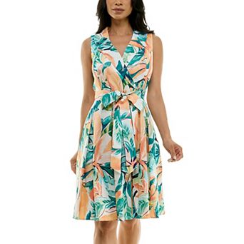 Women's Nina Leonard Floral Print Tie Waist Collared Sleeveless Fit & Flare Dress